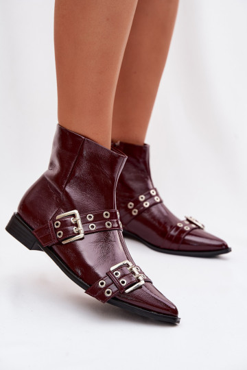 Bottines femme effet vernis avec talons larges, lanières et boucles couleur bordeaux Hamira 2