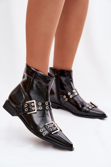 Bottines femme effet vernis avec talons larges, lanières et boucles couleur noire Hamira 2