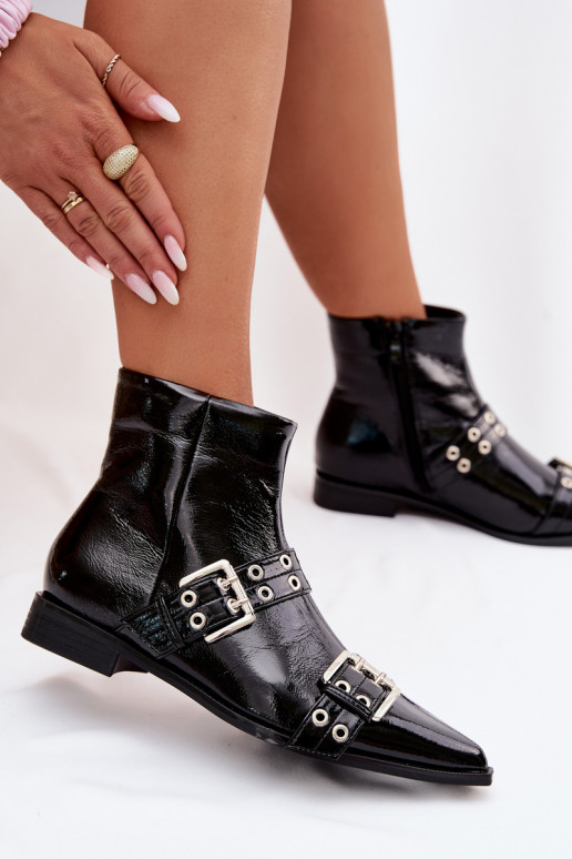 avec effet vernis Bottes pour femmes avec des talons larges avec des bandes I avec bouclesmi couleur noire Hamira