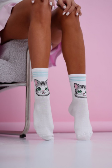 Chaussettes pour femmes avec des chats et des empreintes de pattes bleues