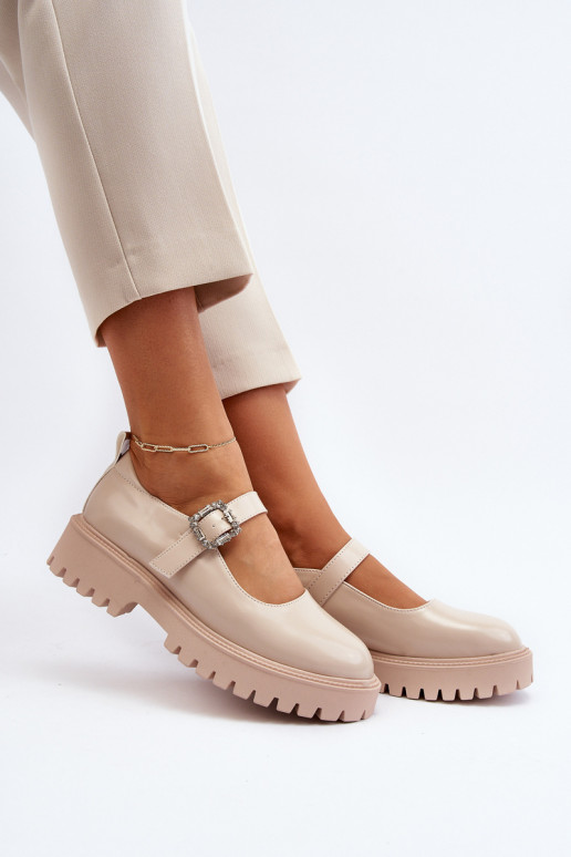 Chaussures en cuir verni pour femme décorer avec boucles beige Lindnessa
