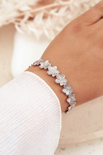 Bracelet pour femmes en acier inoxydable avec motifs floraux couleur argent