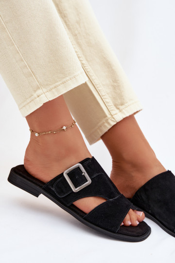 Chaussons en daim pour femmes avec larges talons et boucles Big Star TT274477 couleur noire