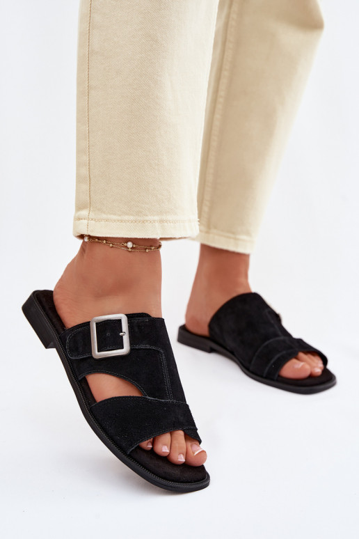 Chaussons femme en daim avec des talons larges avec boucles Big Star TT274477 couleur noire