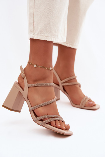 Sandales à talons aiguilles pour femmes avec lanières et zircon couleur sable Brelia