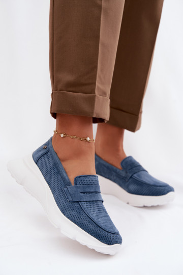 Mocassins femmes en daim naturel avec plateforme Vinceza 79626 couleur bleu foncé