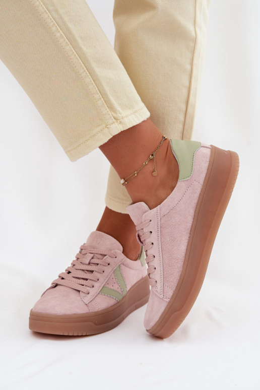 Baskets femmes style sportif en daim naturel avec plateforme Vinceza 79597 couleur rose