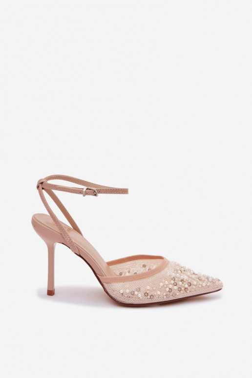 Sandales pour femmes avec des talons fins Décoré de paillettes I couleur corailikami beige Nedira