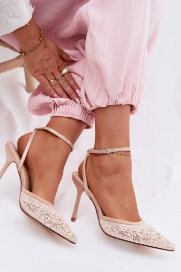 Sandales pour femmes avec des talons fins Décoré de paillettes I couleur corailikami beige Nedira