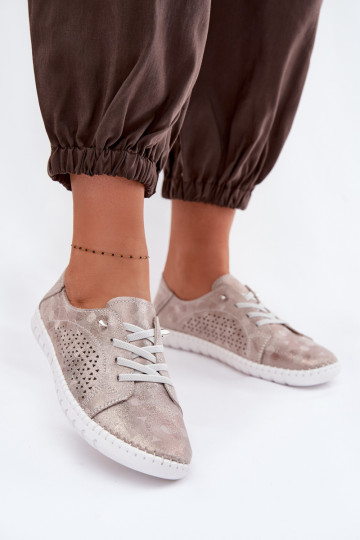 Chaussures en daim ajourées pour femmes Feliva couleur sable et or 2
