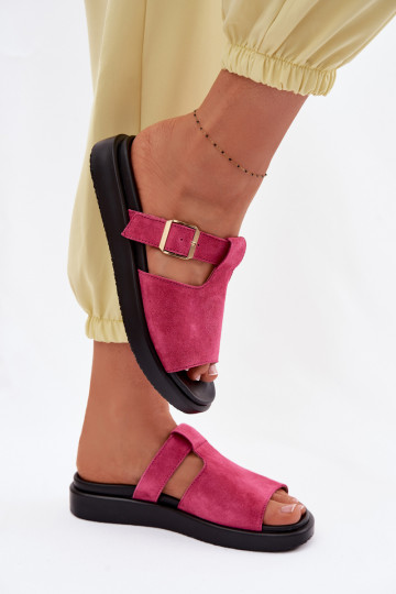 Pantoufles en daim pour femmes avec plateforme et boucles dorées Zemela couleur rose