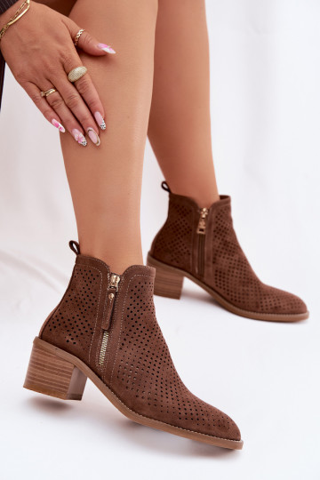 Bottines en cuir ajourées pour femmes avec talons Vinceza 58621 couleur marron