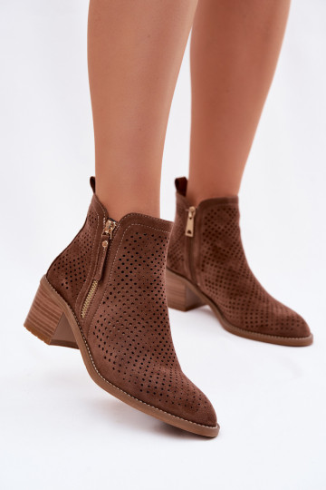 Bottines en cuir ajourées pour femmes avec talons Vinceza 58621 couleur marron 2