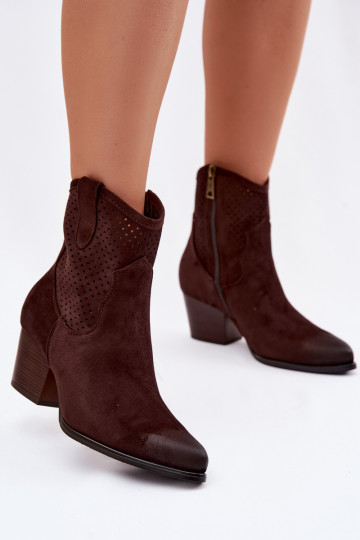 Bottines en cuir ajourées de style cowboy pour femmes avec talons Vinceza 58150 couleur chocolat