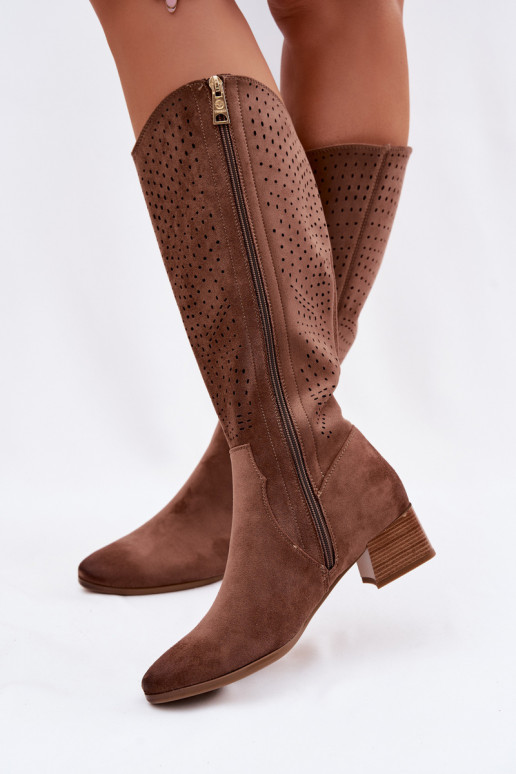 avec des éléments ajourés bottes pour femmes Sur un talon bas Vinceza 58637 marron