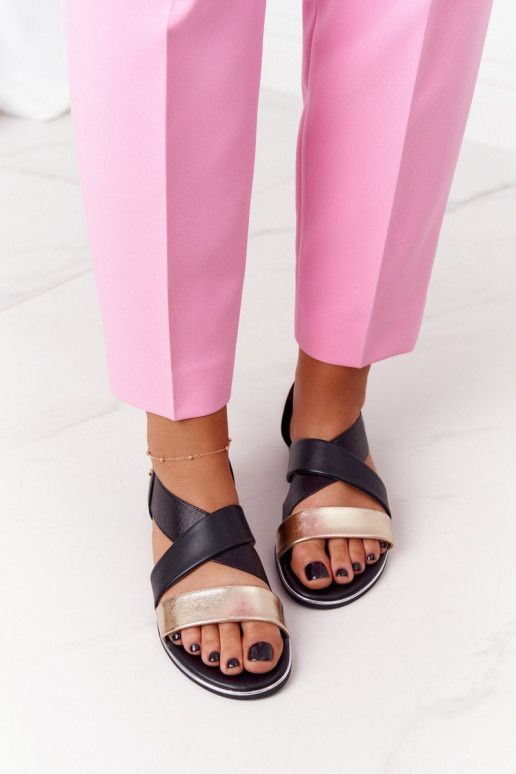 Sandales en cuir avec pompon or-couleur noire Apulia