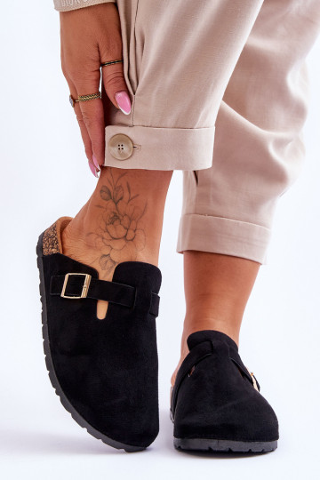 Chaussons en daim sur plateforme en liège couleur noire Vellma