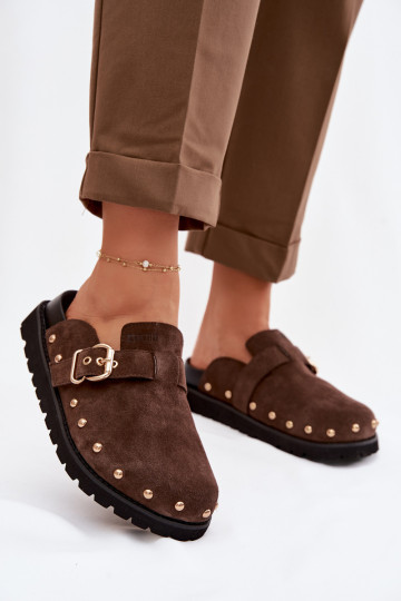 Chaussons Sabots en daim avec une plateforme avec des rivets I avec boucles Big Star TT274952 CzekoladoÀe 2
