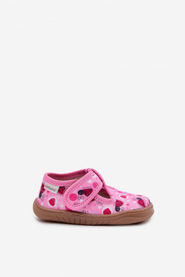 Chaussons Barefoot Puéril Coccinelles avec des coeurs avec attaches adhésives Milami couleur rose Talirae 2