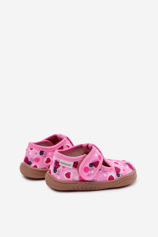 Chaussons Barefoot Puéril Coccinelles avec des coeurs avec attaches adhésives Milami couleur rose Talirae