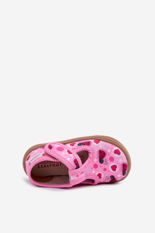 Chaussons Barefoot Puéril Coccinelles avec des coeurs avec attaches adhésives Milami couleur rose Talirae