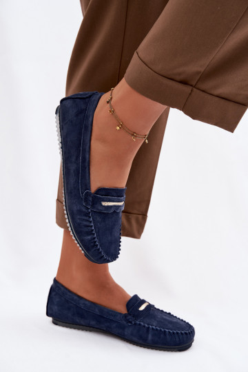Mocassins plats pour femmes en daim naturel S.Barski LR61-7029 bleu foncé