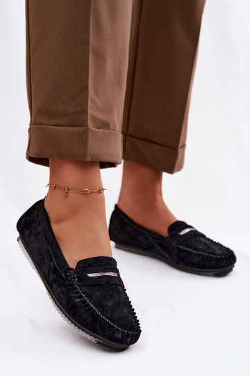 Mocassins plats pour femmes en daim naturel S.Barski LR61-7029 noir 2