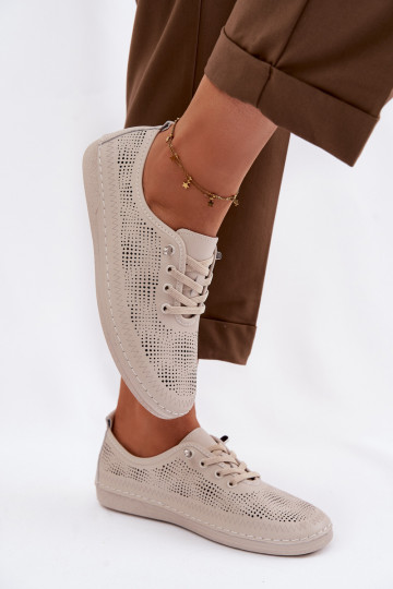 Chaussures en cuir pour femmes avec éléments ajourés S.Barski LR61-7083 couleur sable