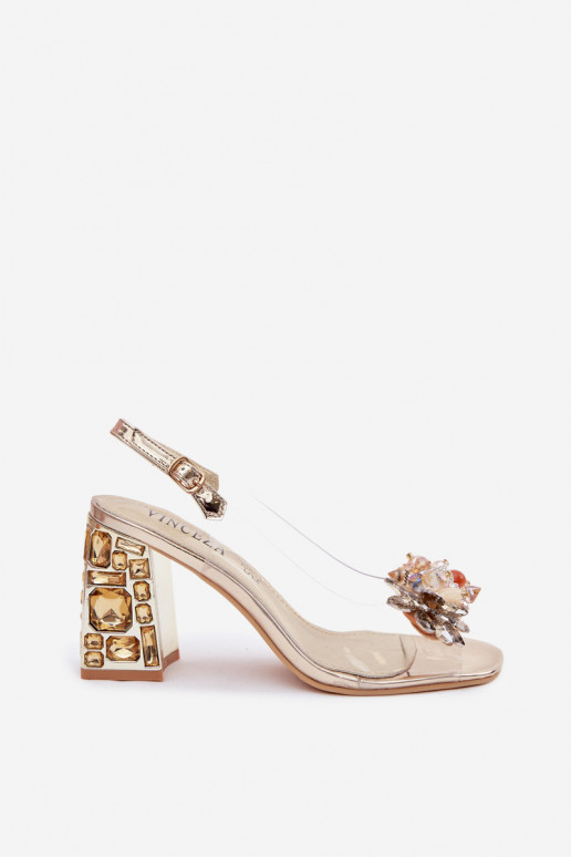 des sandales Voir à travers avec des talons aux yeux brillants Vinceza 70121 couleur dorée