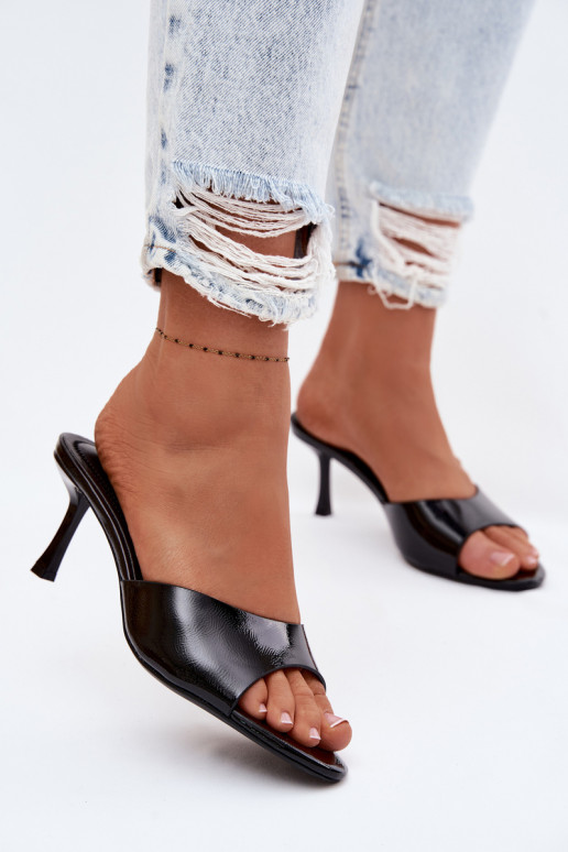 avec effet vernis ChaussonsImitacji Skóry avec des talons fins couleur noire Melissea