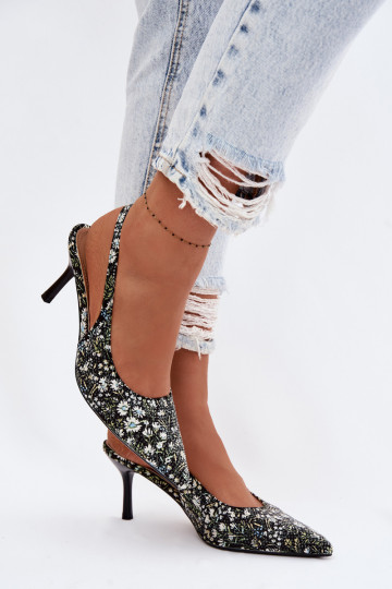 Sandales décorées pour femmes avec talons fins et fleurs noires Olivelle