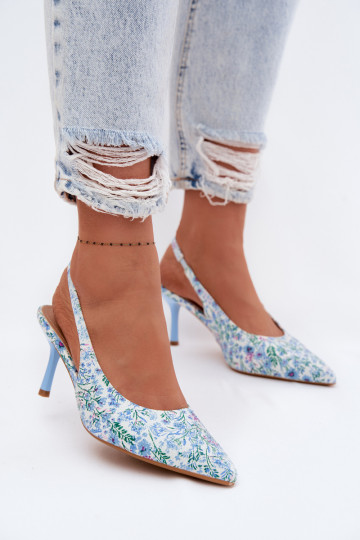 Décoré Sandales pour femmes avec des talons fins avec des fleurs couleur bleue Olivelle