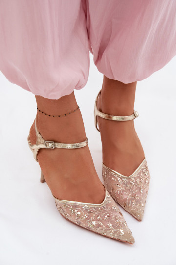 grille Sandales pour femmes avec des talons finsavec éclatującym Zdobieniem couleur dorée Laria