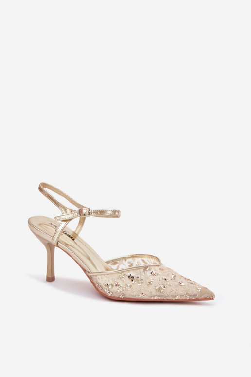 grille Sandales pour femmes avec des talons finsavec éclatującym Zdobieniem couleur dorée Laria