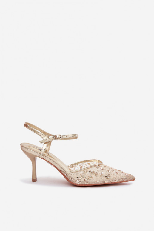 grille Sandales pour femmes avec des talons finsavec éclatującym Zdobieniem couleur dorée Laria