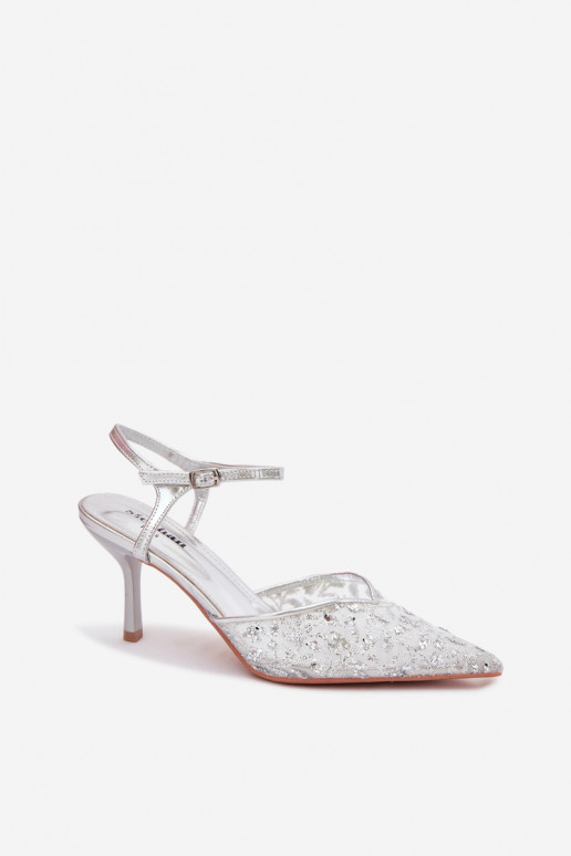 grille Sandales pour femmes avec des talons finsavec éclatującym Zdobieniem couleur argent Laria