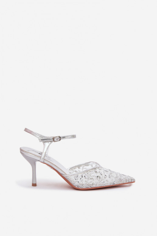 grille Sandales pour femmes avec des talons finsavec éclatującym Zdobieniem couleur argent Laria