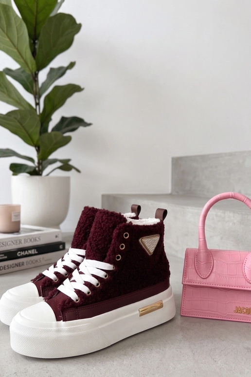 Sneakers bordeaux en fourrure sur plateforme avec strass au-dessus de la cheville Lucia