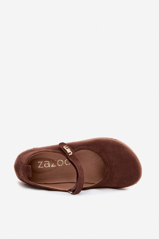 Ballerines en cuir daim Barefoot avec sangles Zazoo 10206 chocolat