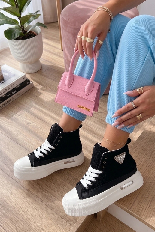 Baskets noires avec fourrure et zirconiums au-dessus de la cheville Lucia
