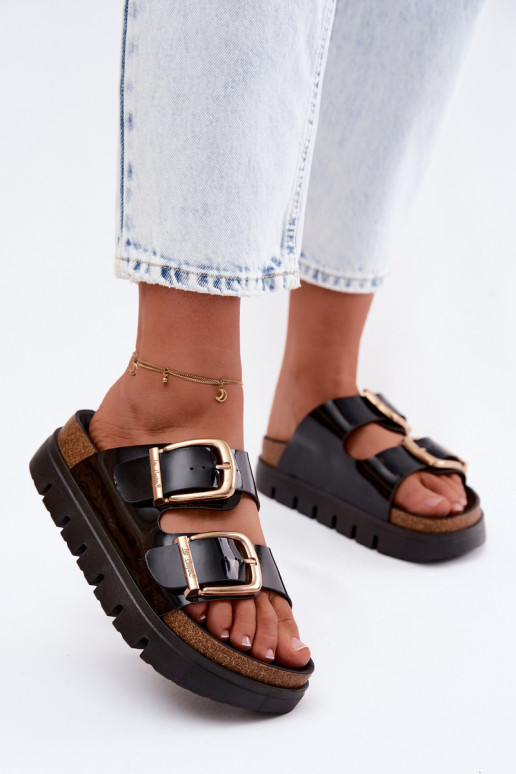 Chaussons à plateforme en vernis doré pour femmes avec boucles Lee Cooper LCIN-26-35-4459L
