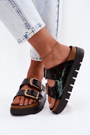 avec effet vernis Pantoufles pour femmes avec une plateforme Ze couleur doréemi avec bouclesmi Lee Cooper LCDANS-26-35-4459L cou 2