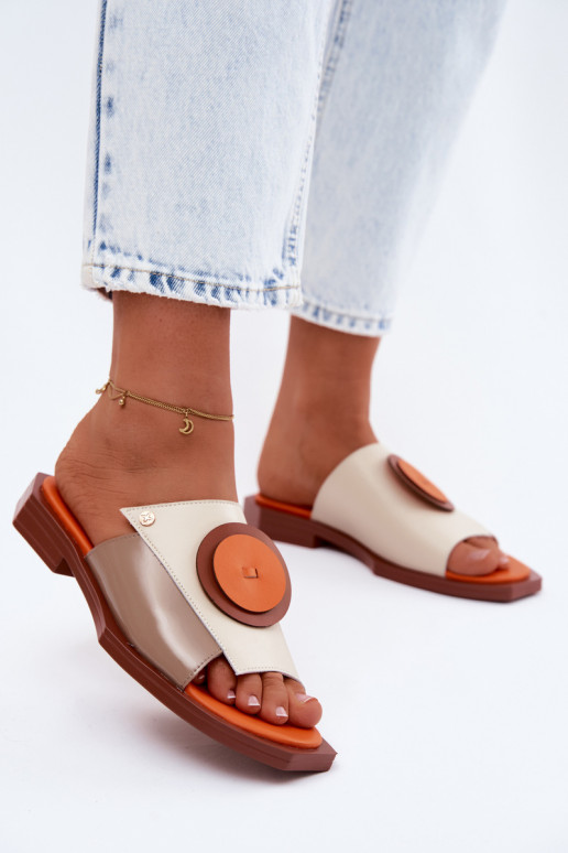 Chaussons en cuir pour femmes couleur sable et orange avec design géométrique Tai turiciejka K7479-18
