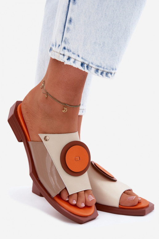 Chaussons en cuir pour femmes couleur sable et orange avec design géométrique Tai turiciejka K7479-18