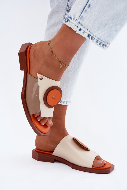 Pantoufles en cuir Féminin dessin géométrique Il fautciejka K7479-18 beige-couleur orange