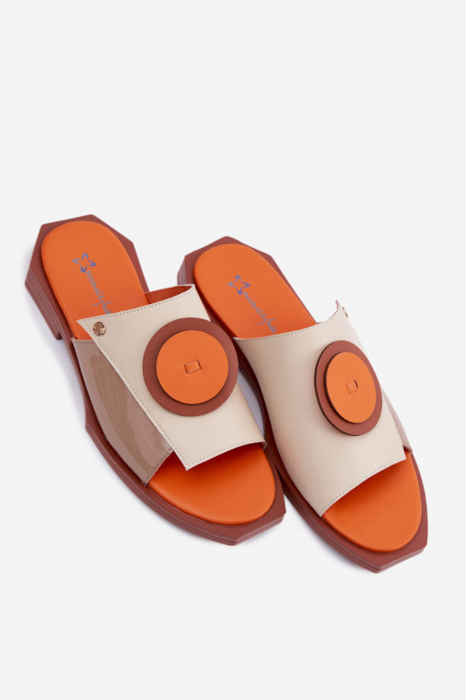Chaussons en cuir pour femmes couleur sable et orange avec design géométrique Tai turiciejka K7479-18