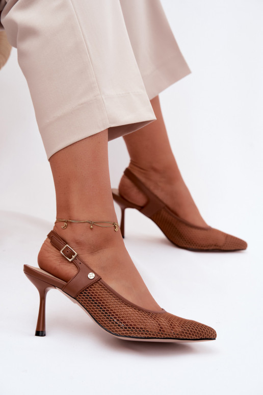 Sandales en cuir marron pour femmes avec talons fins Tai turiciejka K7507-29