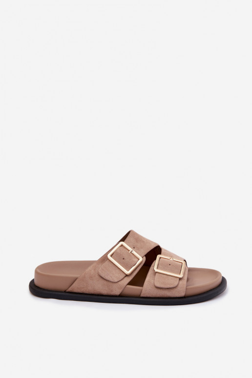 Chaussons en faux daim couleur sable avec boucles dorées Selissea