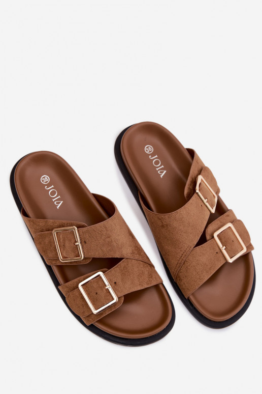 Pantoufles pour femmesImitacji en daimu couleur dorée avec boucles marron Selissea