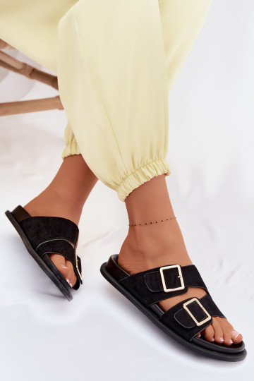 Pantoufles pour femmesImitacji en daimu couleur dorée avec boucles couleur noire Selissea